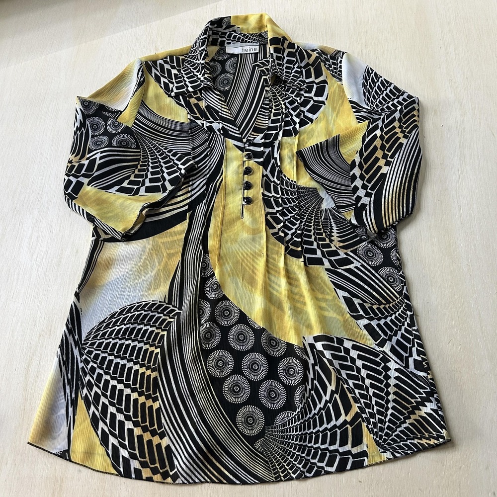 Vintage Heine Blouse Womens Large Yellow Geometric Tunic 3/4 Sleeve Button Top